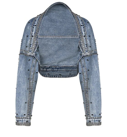 Women’s Short Denim Rivet Beads Bomber Jeans Jacket