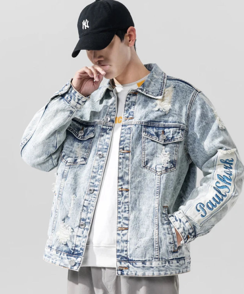 Men’s Retro Distressed Shark Print DenimJeans Jacket Coat