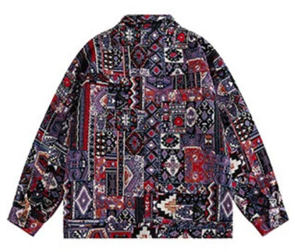 Men‘s Woven Bohemian Geo Print Denim Jeans Jacket Coat