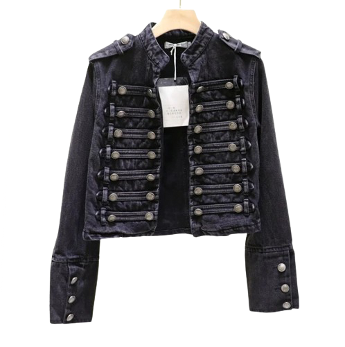 Women’s Retro Military Style Double-Breasted Slim Short Denim Jeans Jackets