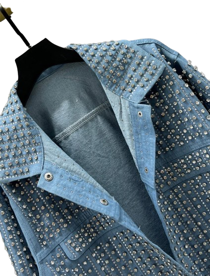 Women’s Diamanté Rhinestone Diva Long Sleeve Loose Denim Jacket Coat