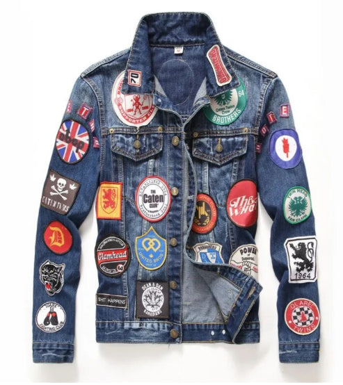 Men’s Retro Emblem Badge Denim Jeans Jacket