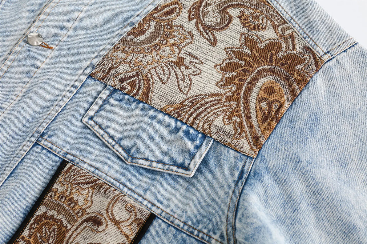 Men’s Stonewashed Retro Floral Jacquard Patchwork Denim Jean’s Jacket