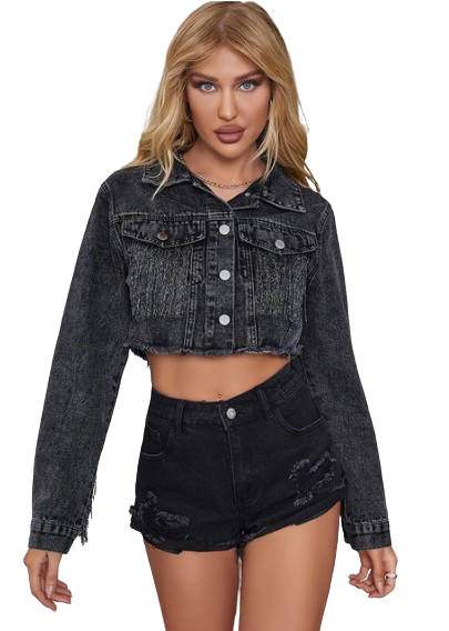 Women’s Cropped Tassel Long Sleeved Denim Jeans Jacket.