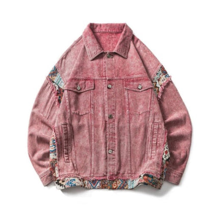 Women’s Pink Geometric Trim Oversized Denim Jeans Jacket