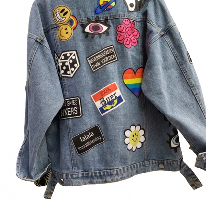 Women’s Retro Emblem Badge Denim Long Sleeve Jeans Jacket