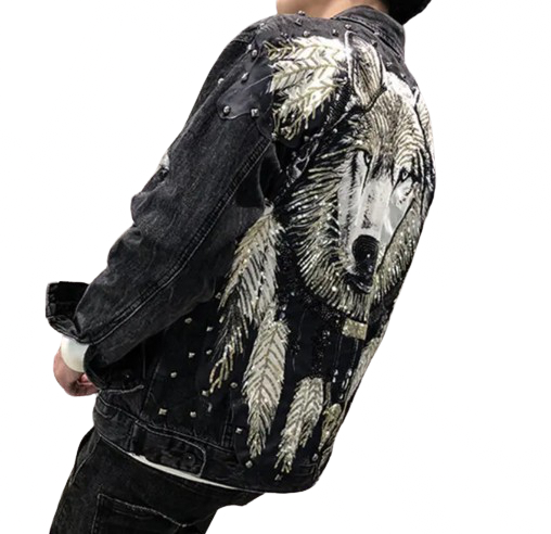 Men’s Detailed Sequin Spirit Wolf Handmade Denim Jean Jacket