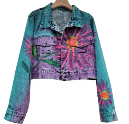 Women’s Hand Painted Flower Blast Long Sleeve Denim Jean’s Jacket