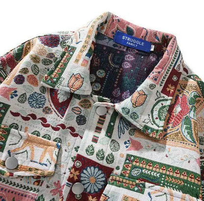 Men‘s Bohemian Retro Patchwork Floral Jacquard Denim Jacket