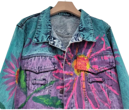 Women’s Hand Painted Flower Blast Long Sleeve Denim Jean’s Jacket