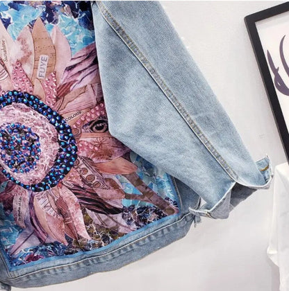 Women’s Floral Sequence Long Sleeve Denim Jeans Jacket