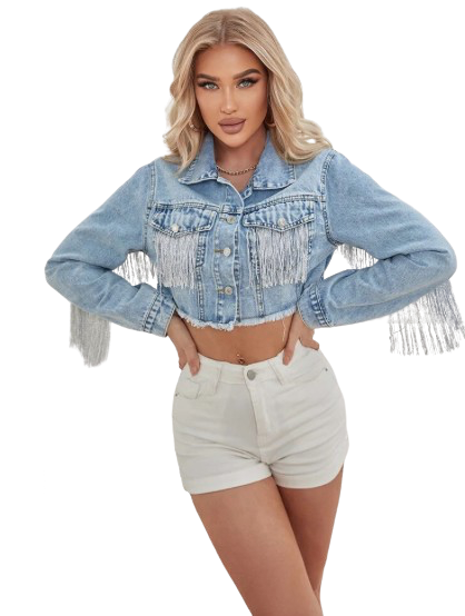 Women’s Cropped Tassel Long Sleeved Denim Jeans Jacket.