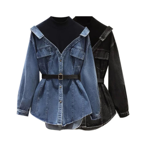 Women's Denim Single Breasted Belt Two Piece Denim Jacket Coat