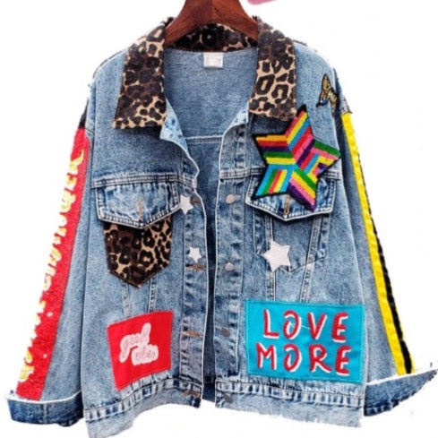 Women’s Retro Sequins Queen Loose Denim Jeans Jacket