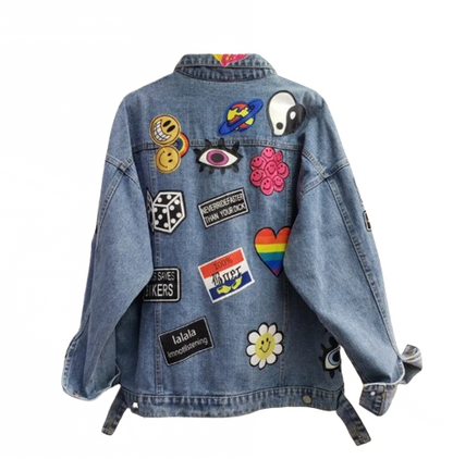 Women’s Retro Emblem Badge Denim Long Sleeve Jeans Jacket