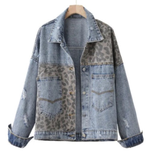 Women's Stone Washed  Long Sleeves Leopard Print Denim Jeans Jacket