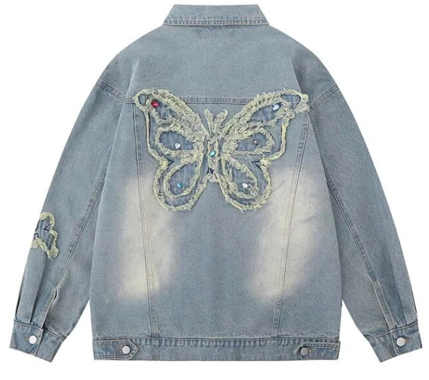 Unisex Retro Embroidered Rhinestone Butterfly Denim Jeans Jacket  Coat