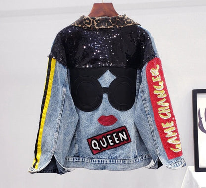 Women’s Retro Sequins Queen Loose Denim Jeans Jacket