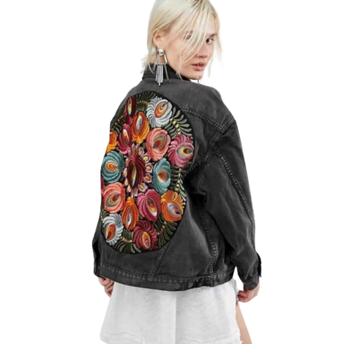 Women’s Oversized Bohemian Embroidered Floral Tapestry Denim Jeans Jacket