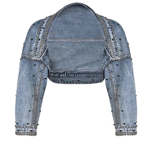 Women’s Short Denim Rivet Beads Bomber Jeans Jacket