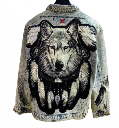 Men’s Detailed Sequin Spirit Wolf Handmade Denim Jean Jacket