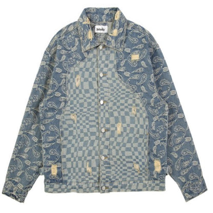 Men’s Cashew Flower Checkerboard Blue Denim Jeans Jacket Coat