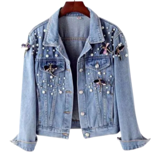 Woman’s Butterfly and Pearl Long Sleeve Denim Jeans Jacket