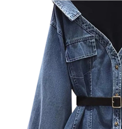 Women's Denim Single Breasted Belt Two Piece Denim Jacket Coat