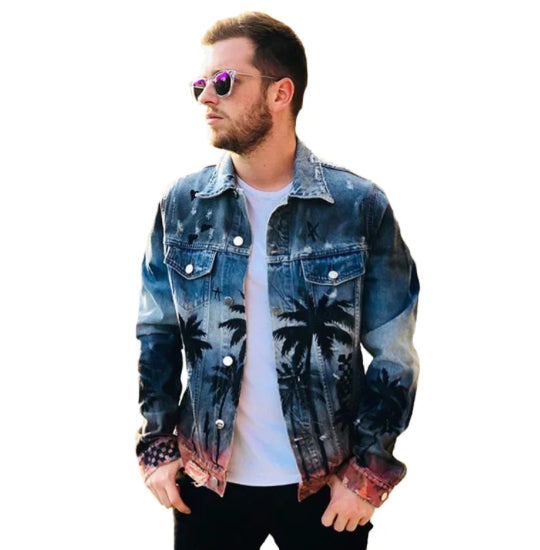 Men’s Sunset Palm Gradient Denim Jeans Jacket Coat