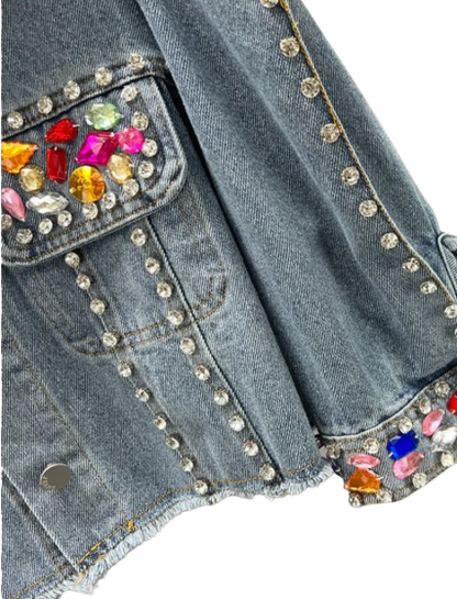 Women’s Diamanté and Pearl Heart Tassel Denim Long Sleeve Jeans Jacket Coat