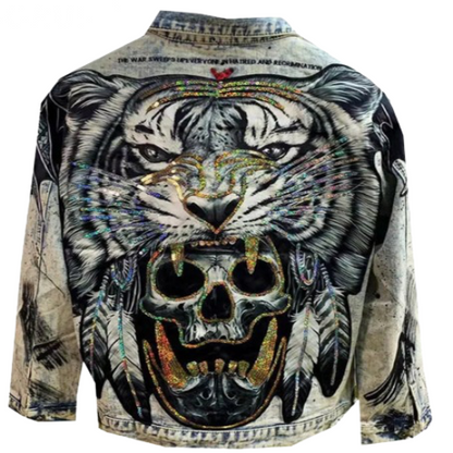 Men’s Detailed Sequenced Tiger Skull Handmade Denim Jean Jacket