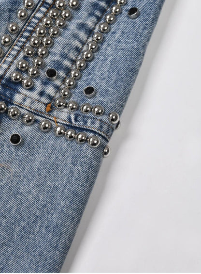 Women’s Short Denim Rivet Beads Bomber Jeans Jacket