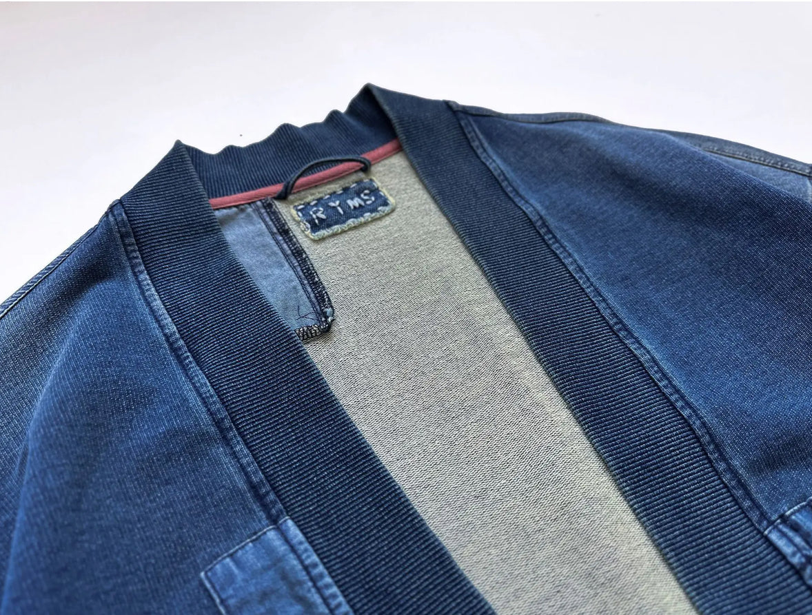 Men’s Retro V Neck Patchwork Cardigan Denim Jeans Coat