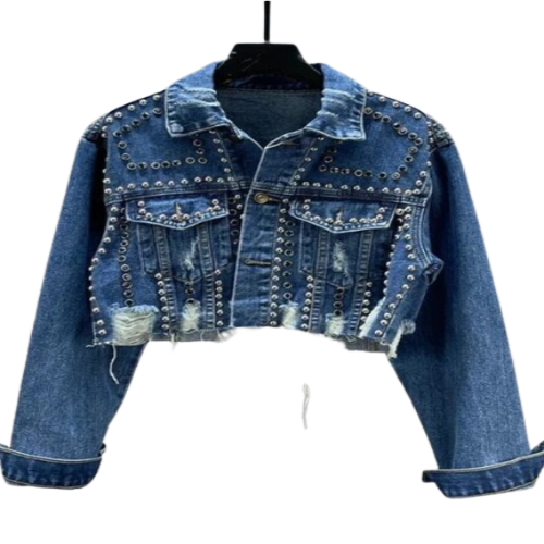 Women's Cropped Distressed Denim Jacket with Rivet Studding