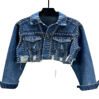 Women's Cropped Distressed Denim Jacket with Rivet Studding