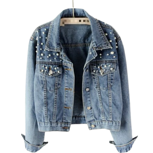 Women’s Princess Pearl Full Sleeve Loose Button Down  Denim Jeans  Jacket