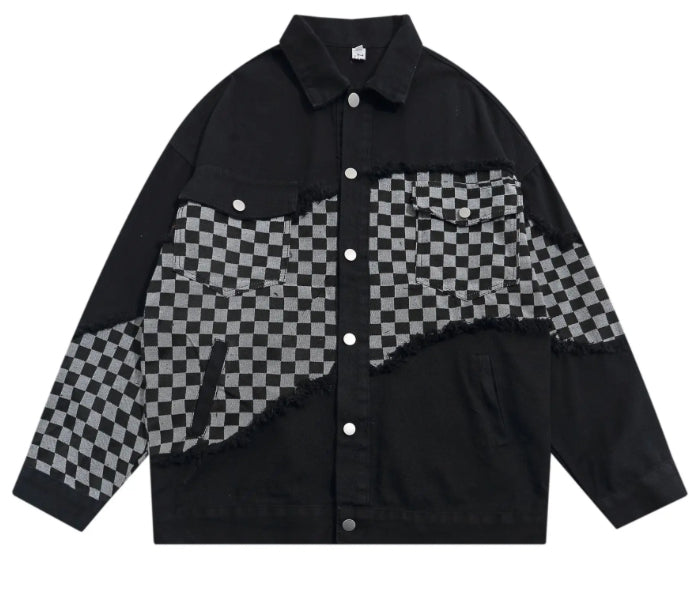 Men’s Checkerboard Tear Oversized Denim Jeans Jacket Coat