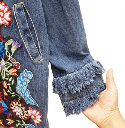 Women’s Mid Length Flower Bomb Tassel Denim Jeans Jacket