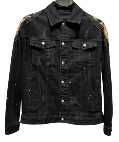 Men’s Handmade Hyper Real Beaded Tiger Head Denim Jeans Jacket Coat