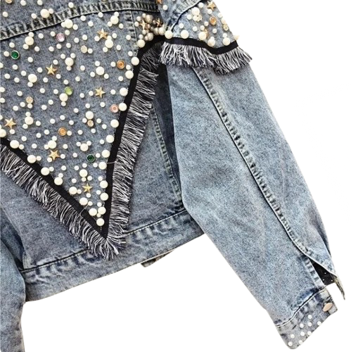 Women's Handmade Loose Fit Pearl and Stars Denim Jacket