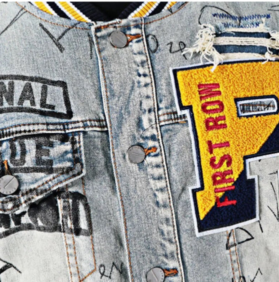 Men’s Baseball and Graffiti  Patchwork Denim Jeans Jacket Coat