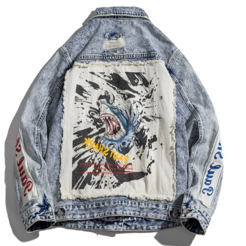 Men’s Retro Distressed Shark Print DenimJeans Jacket Coat