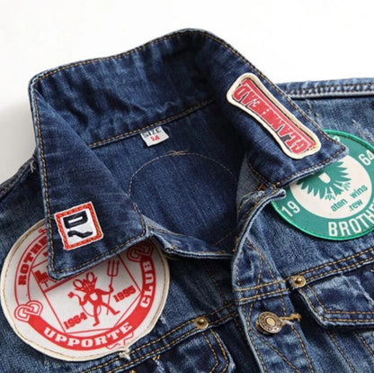 Men’s Retro Emblem Badge Denim Jeans Jacket