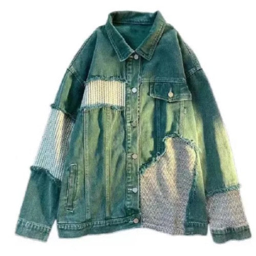 Unisex Vintage Green Cardigan Infused Panelled Denim Jeans Jackets