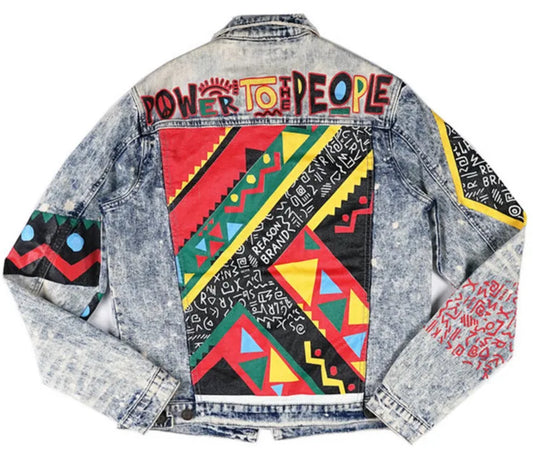 Men’s Power To The People Tribal Style  Patchwork Denim Jeans Jacket Coat