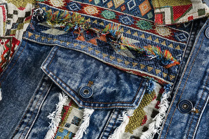 Men’s Bohemian Geometric Retro Print Denim Jeans Jacket Coat