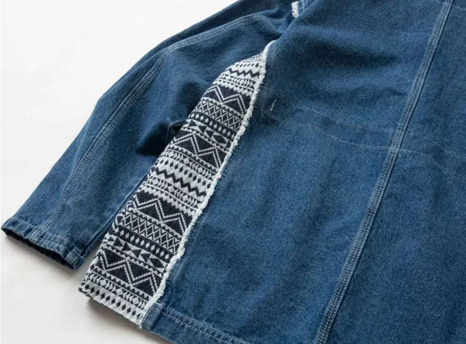 Men’s Bohemian Retro Chic Overhead Drawstring Pull Over Denim Jeans Jacket Coat