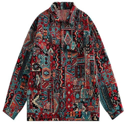 Men‘s Woven Bohemian Geo Print Denim Jeans Jacket Coat