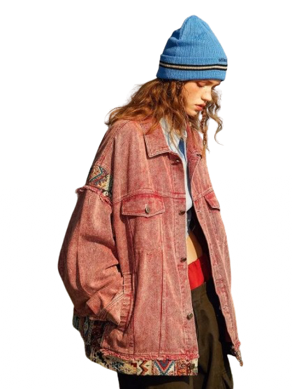 Women’s Pink Geometric Trim Oversized Denim Jeans Jacket