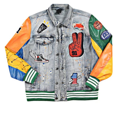 Men’s Baseball and Badges Patchwork Denim Jeans Jacket Coat